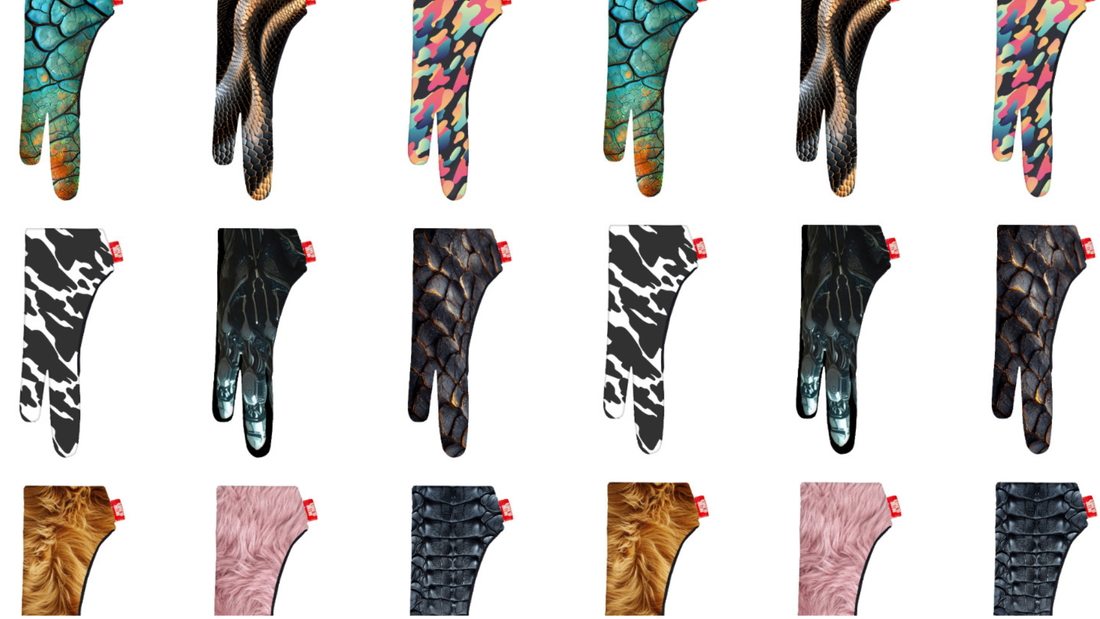 A collection of artse gloves with unique and eye-catching patterns, including animal prints, textures, and abstract designs.