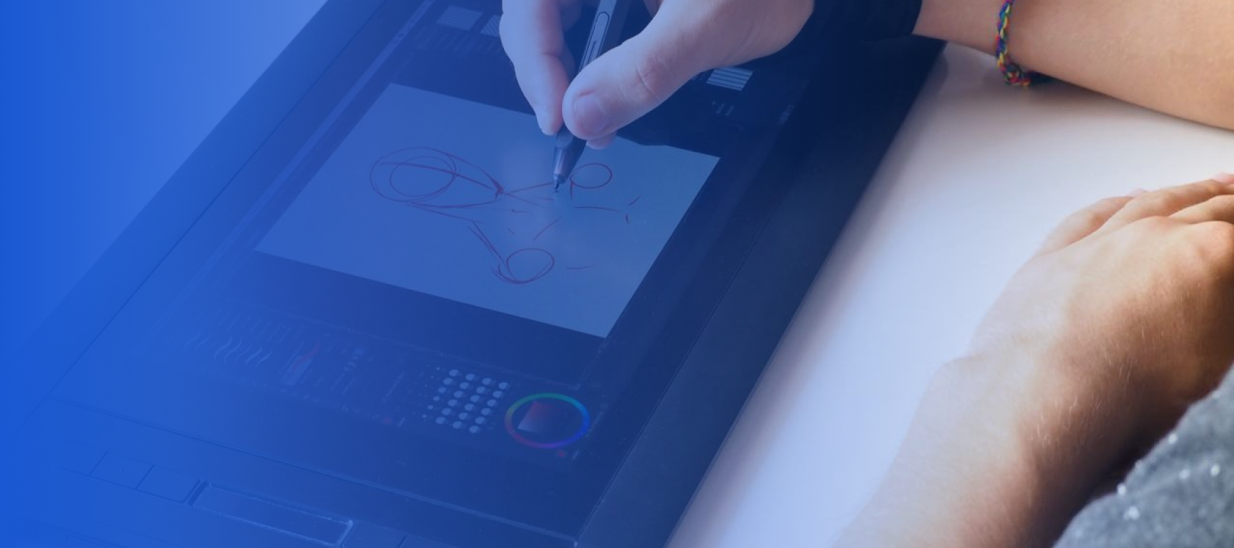 Digital artist using a drawing tablet with a stylus and wearing a glove, sketching character outlines on a screen with a blue gradient background.