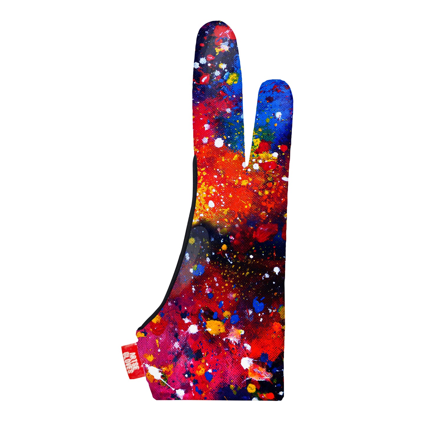 Artse gloves with two-finger anti-smudge paint splattered design, ideal for digital artists.