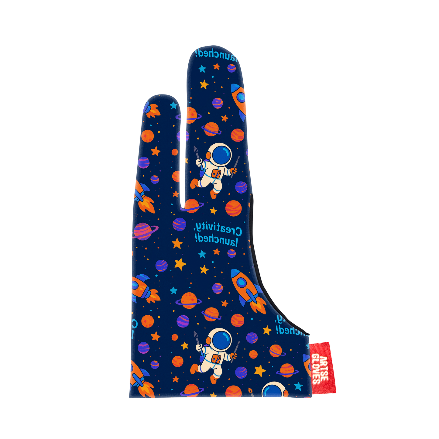 Blue glove with space-themed design featuring astronauts and planets on a white background