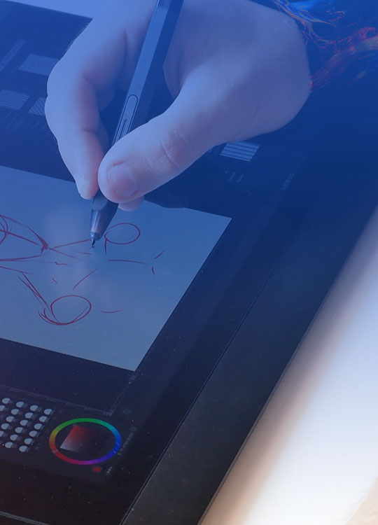 Digital artist using a drawing tablet with a stylus and wearing a glove, sketching character outlines on a screen with a blue gradient background.