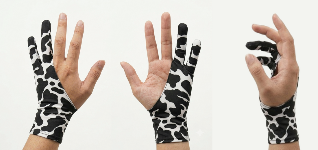 Artse Gloves double-sided black and white patterned drawing gloves shown on hands