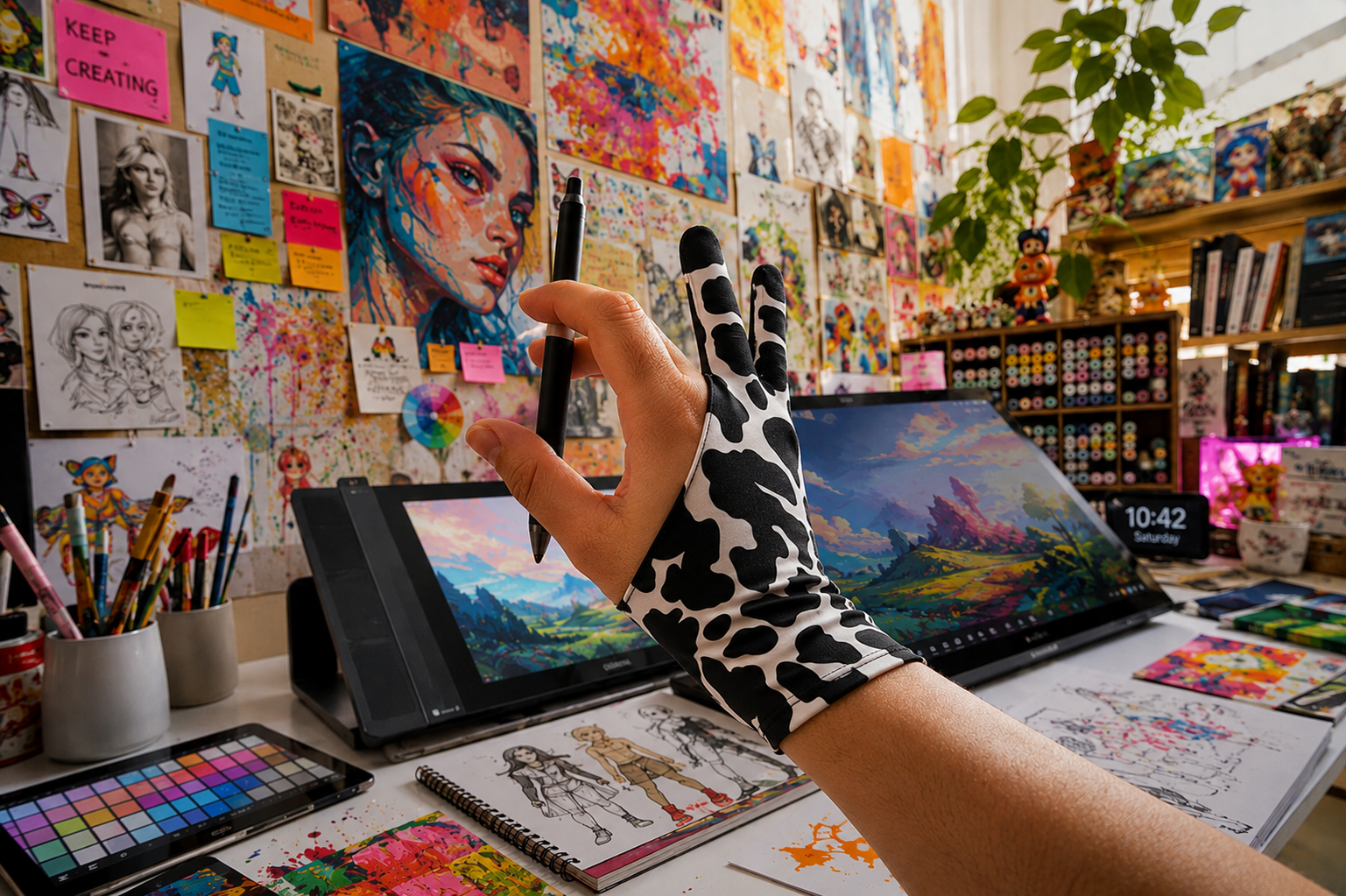 A hand wearing a black and white cow-print glove holds a stylus in front of a digital drawing tablet on a cluttered artist's desk, with colorful art supplies, sketches, and paintings visible in a creative studio environment.