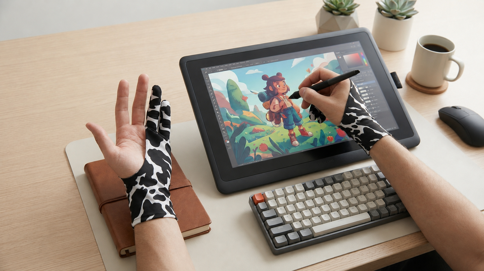A person wearing black-and-white cow-print gloves uses a stylus on a digital drawing tablet at a desk, with a keyboard, mouse, mug, and small plants nearby.