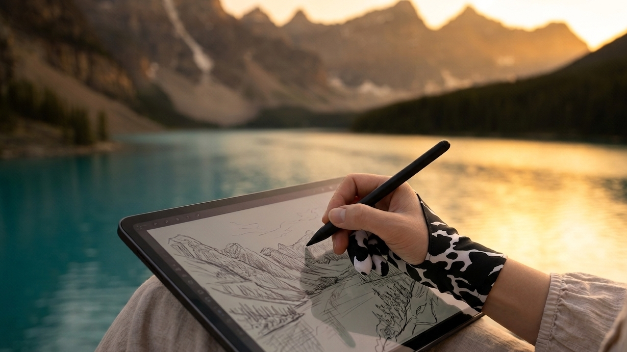 A person sitting by a turquoise lake at sunset uses a stylus on a tablet to draw a mountain landscape. The person wears a beige top and a black-and-white patterned glove, with mountains and golden reflected light in the background.