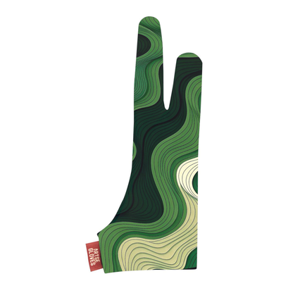 Green patterned glove with a visible brand tag on a white background