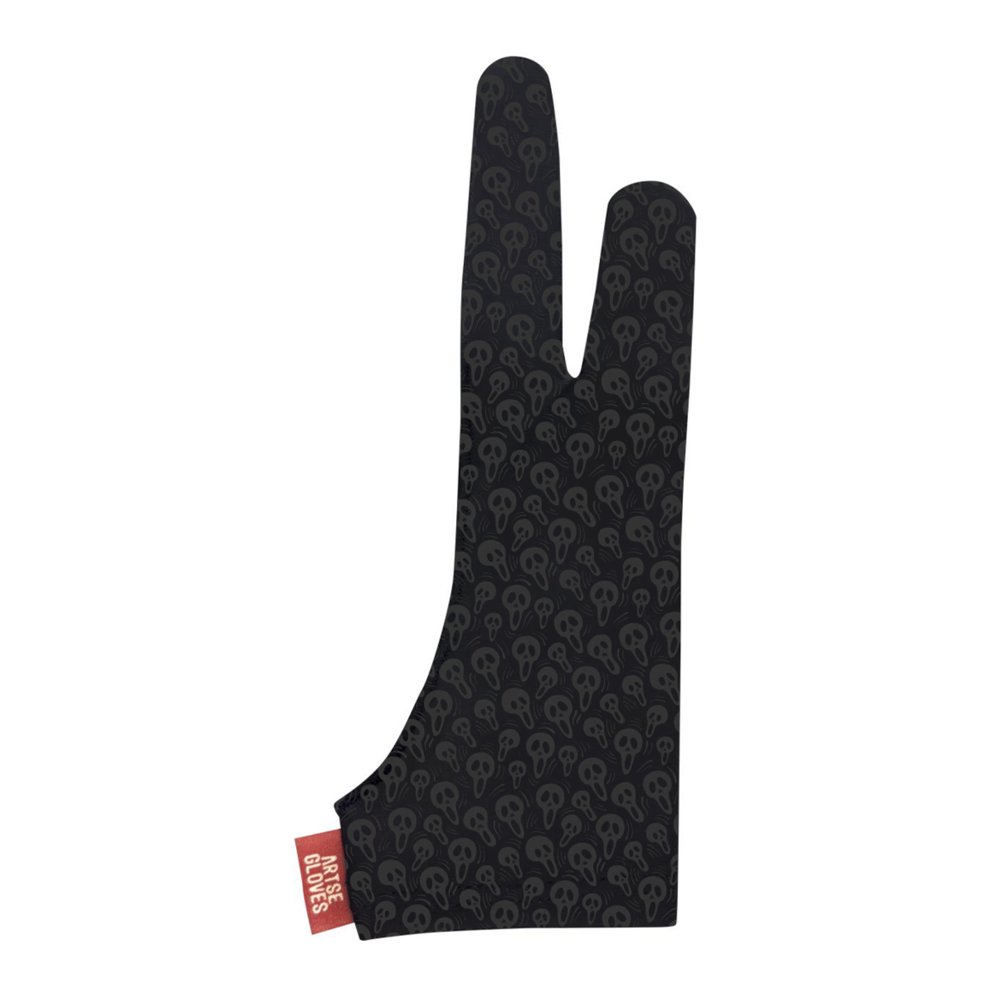 Black and gray patterned glove with a red tag on a white background