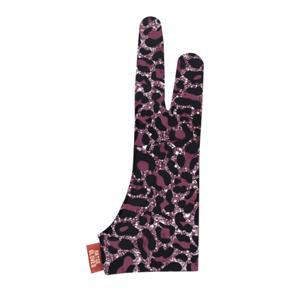 Leopard print glove with a visible brand tag on a white background