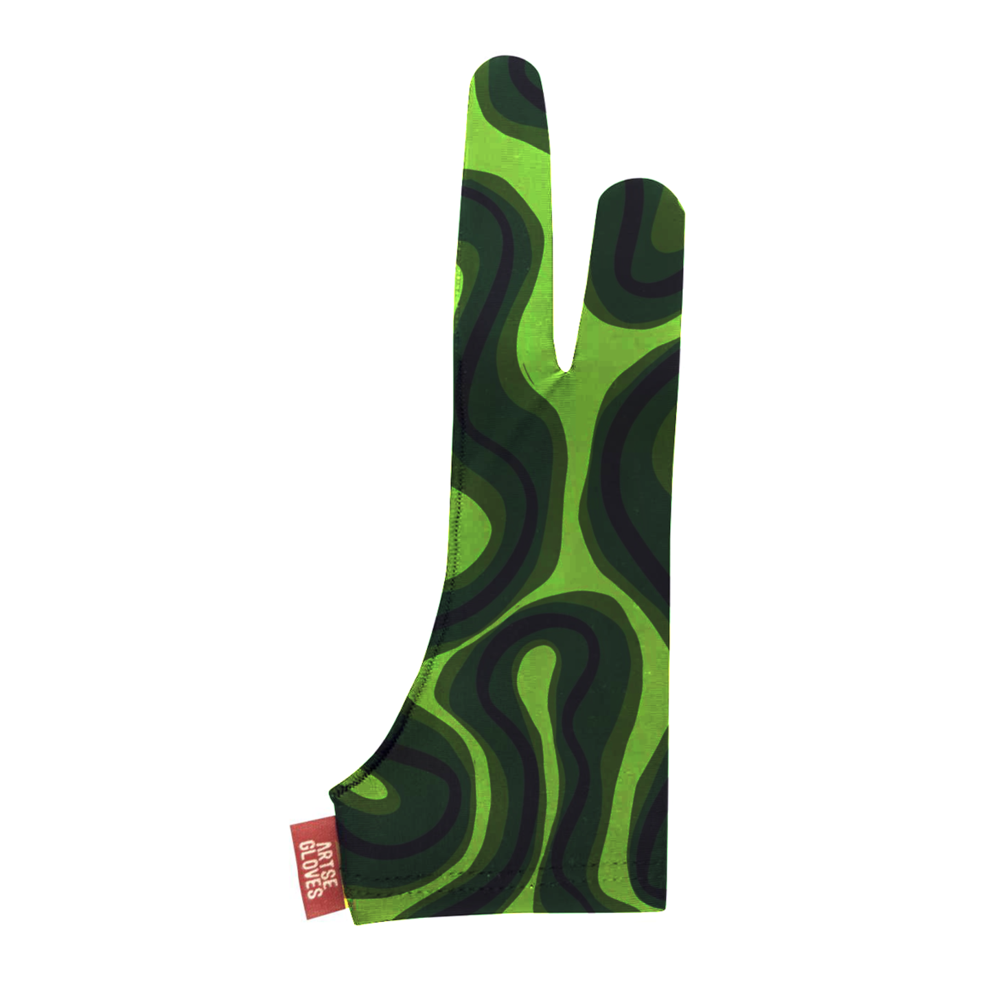 Green and black patterned glove with a visible brand tag on a white background