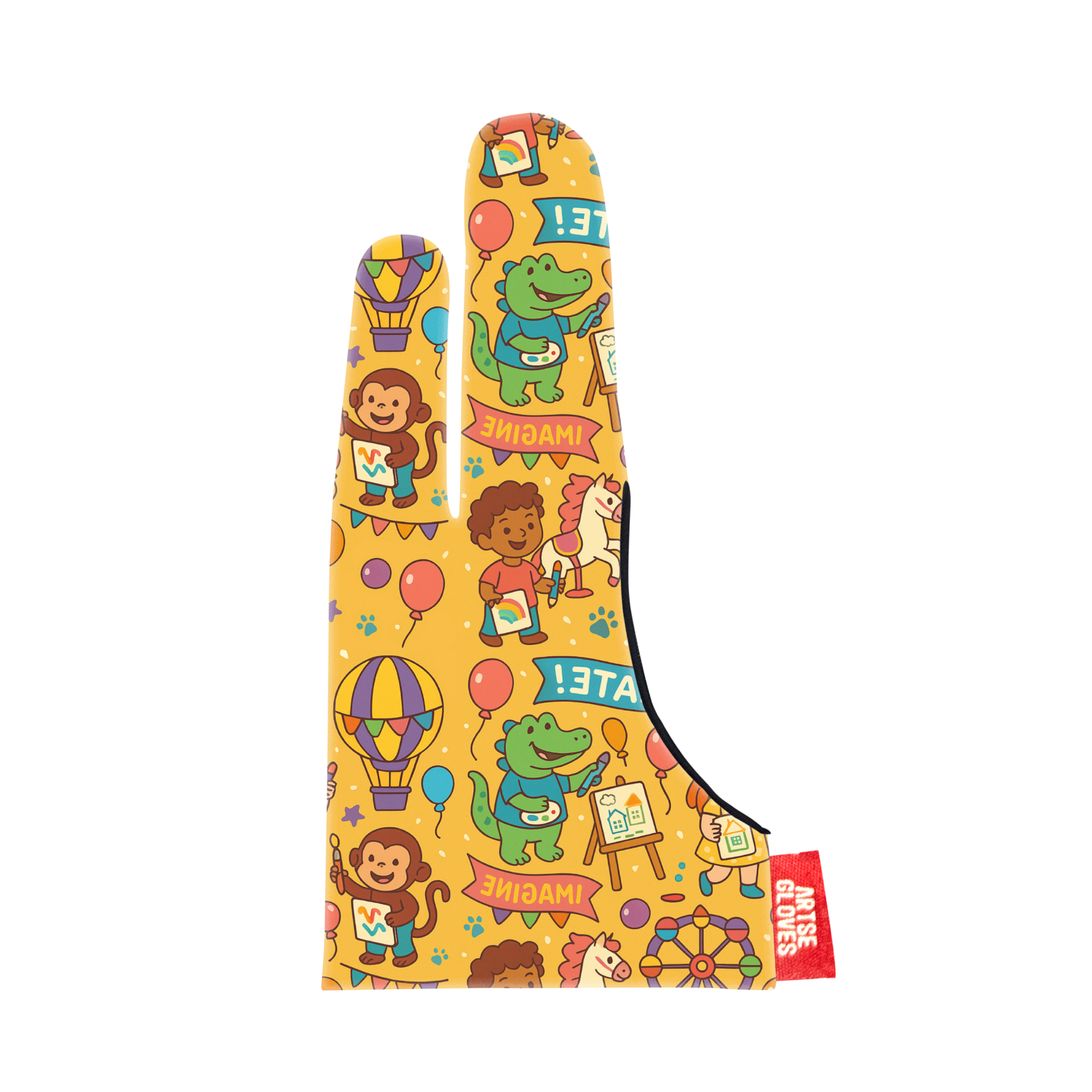 Colorful children's sock with cartoon characters on a yellow background