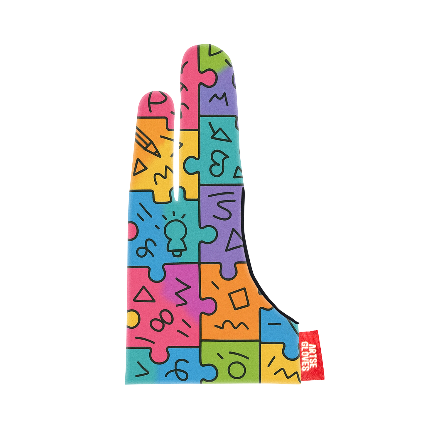Colorful puzzle piece pattern sock with a brand label on a white background