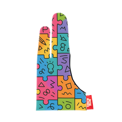 Colorful puzzle piece pattern sock with a brand label on a white background