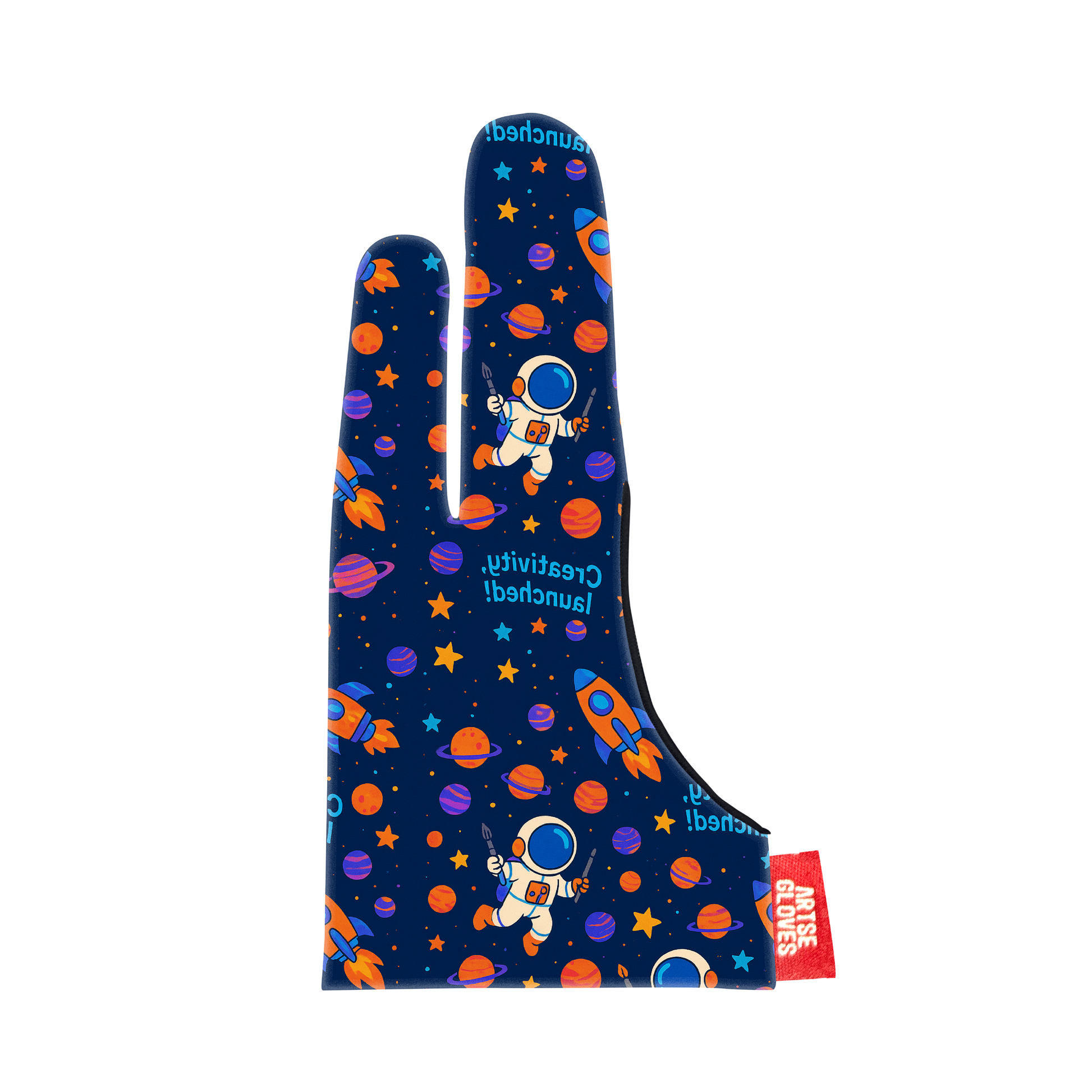 Blue glove with space-themed design featuring astronauts and planets on a white background