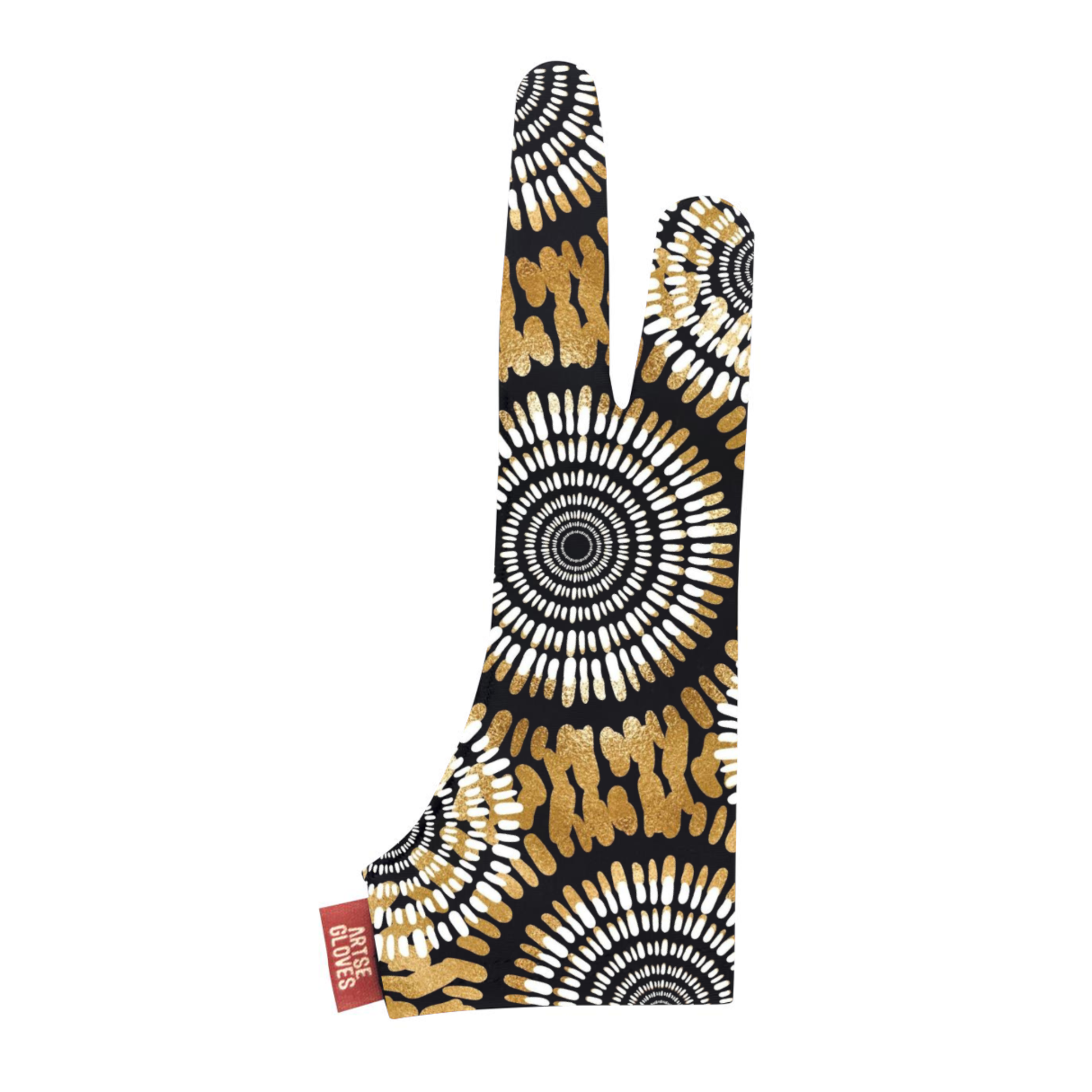 Black sock with gold and white spiral pattern on a white background