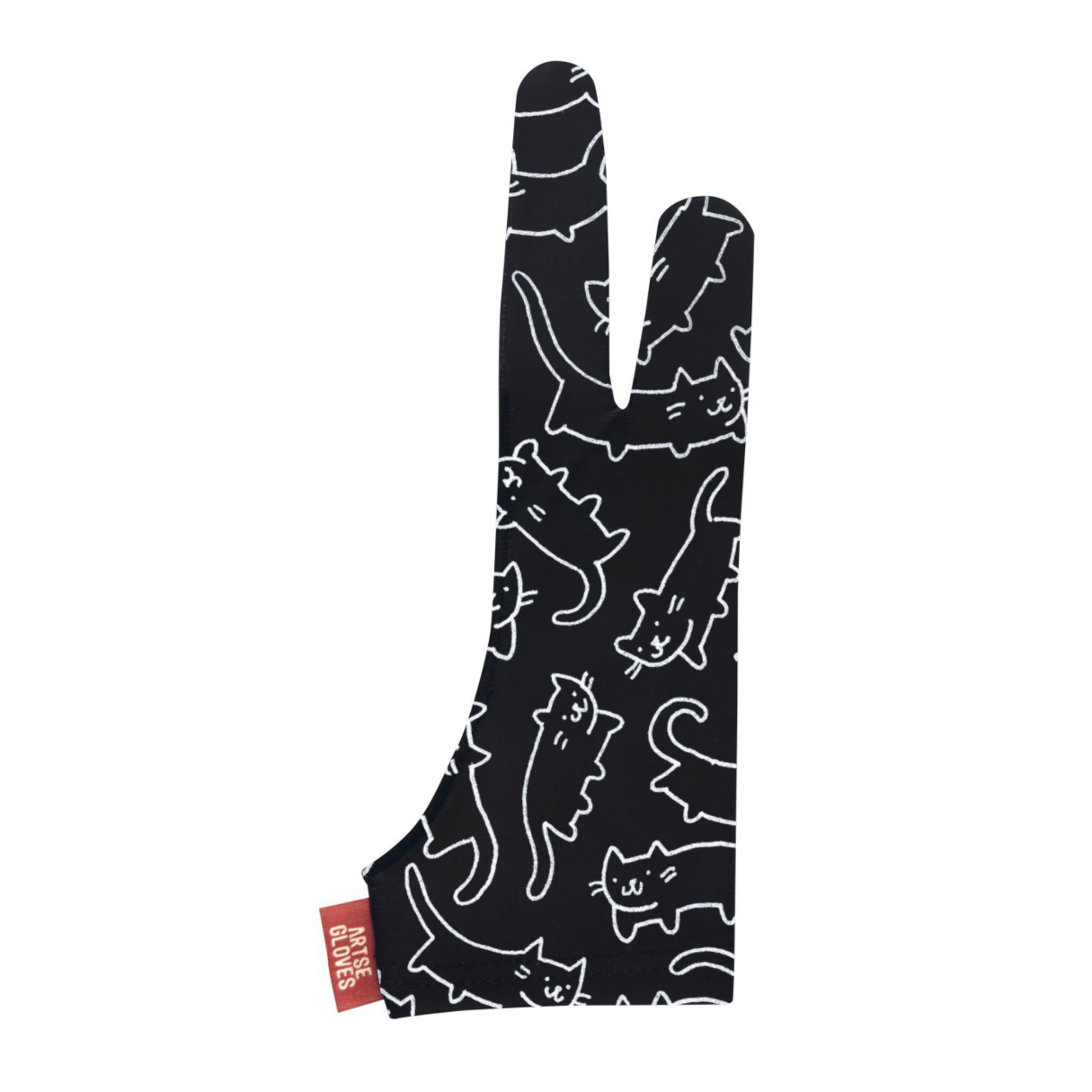 Black oven mitt with white cat pattern on a white background