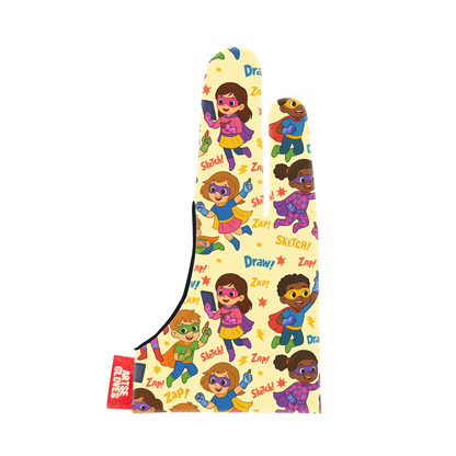 Colorful guitar pick case with superhero-themed design on a white background