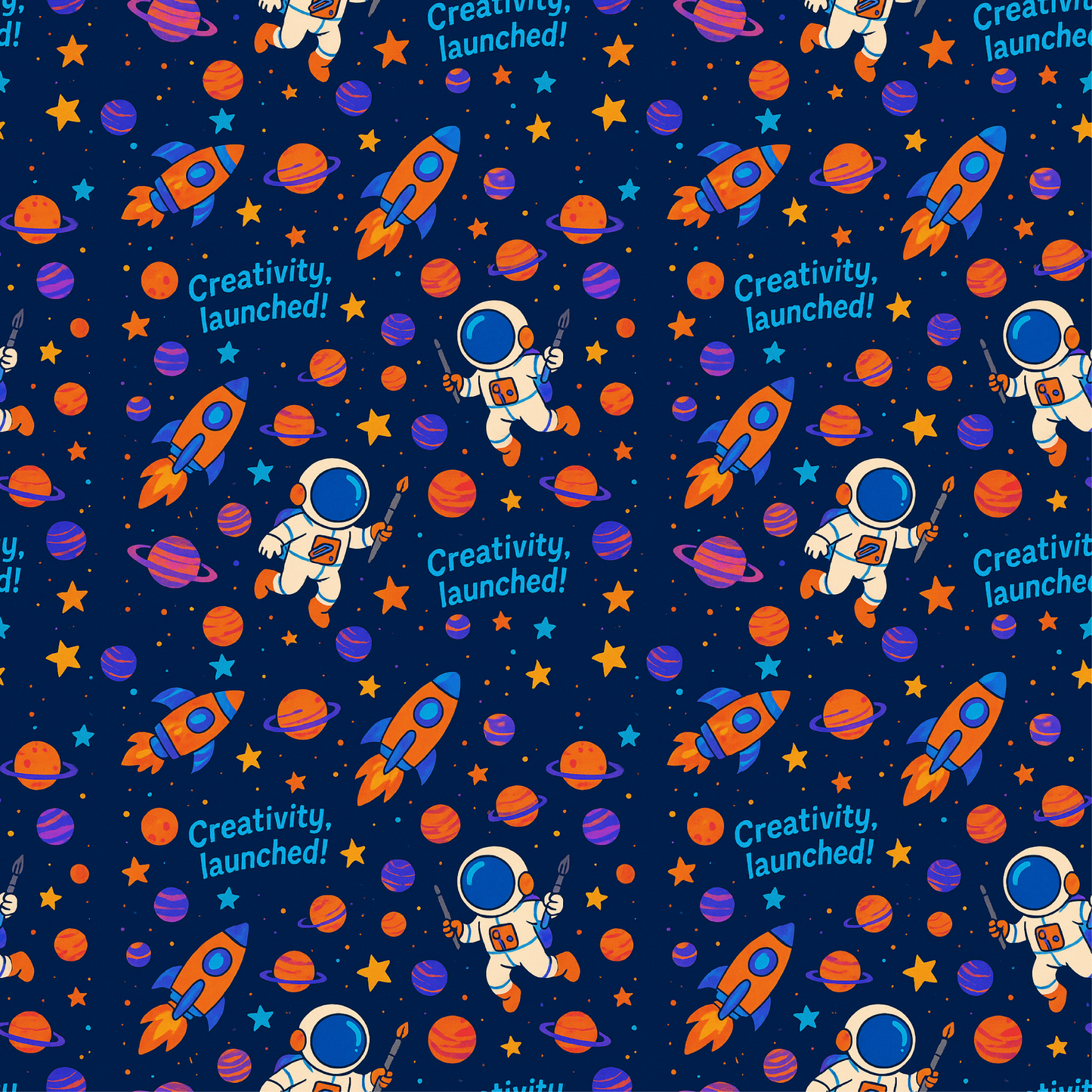 Pattern of astronauts, rockets, and space elements on a blue background with 'Creativity, launched!' text.