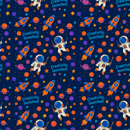 Pattern of astronauts, rockets, and space elements on a blue background with 'Creativity, launched!' text.