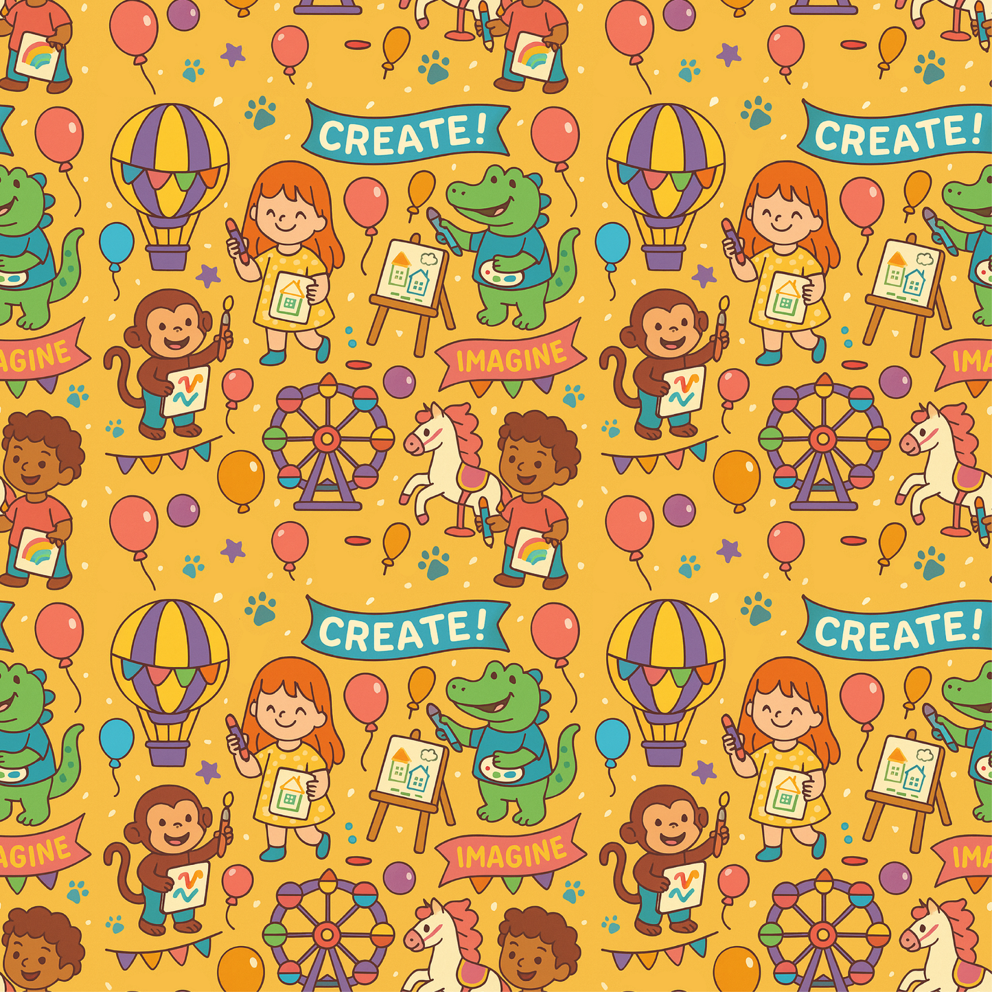 Children's pattern with cartoon characters, animals, and text on a yellow background
