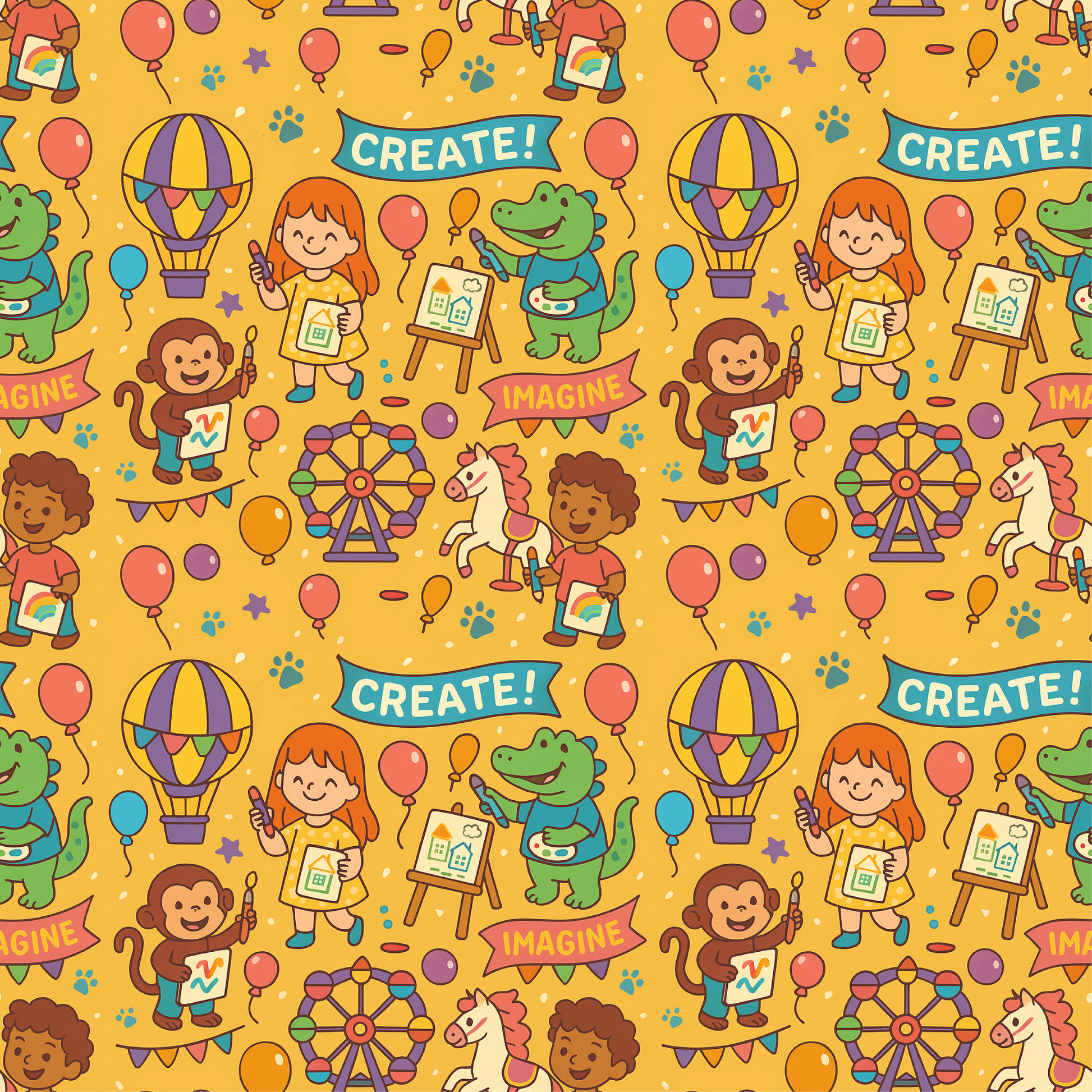 Children's pattern with cartoon characters, animals, and text on a yellow background