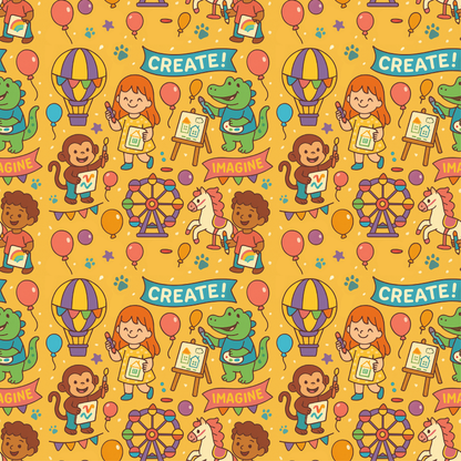 Children's pattern with cartoon characters, animals, and text on a yellow background
