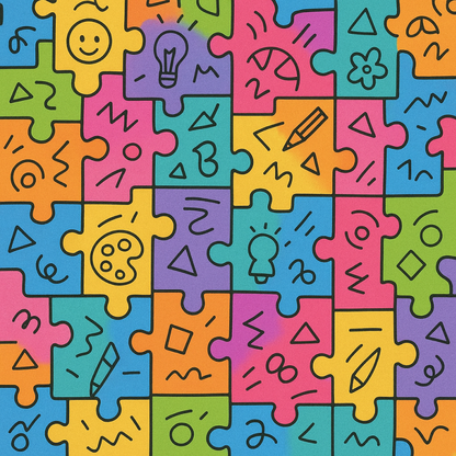 Colorful puzzle pieces with various symbols on a patterned background