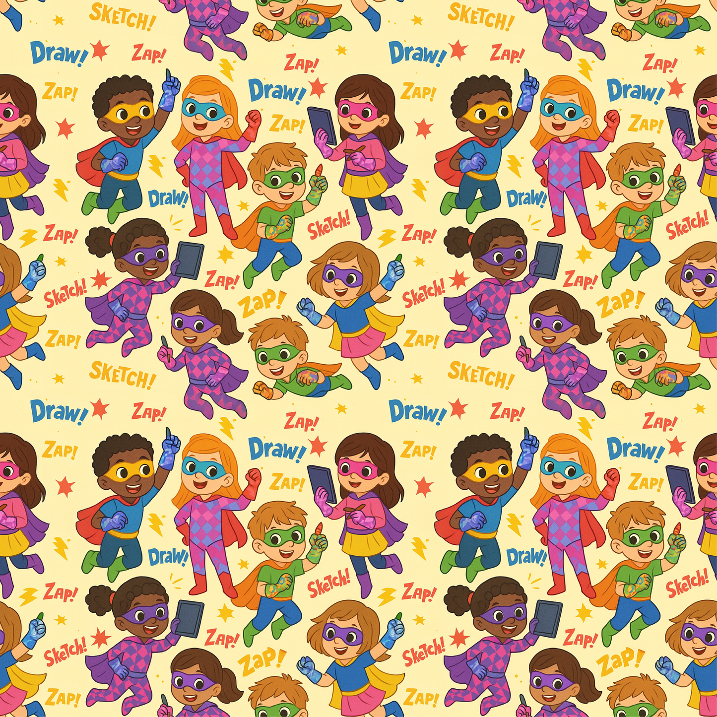 Pattern of superhero children with colorful costumes and masks on a yellow background.