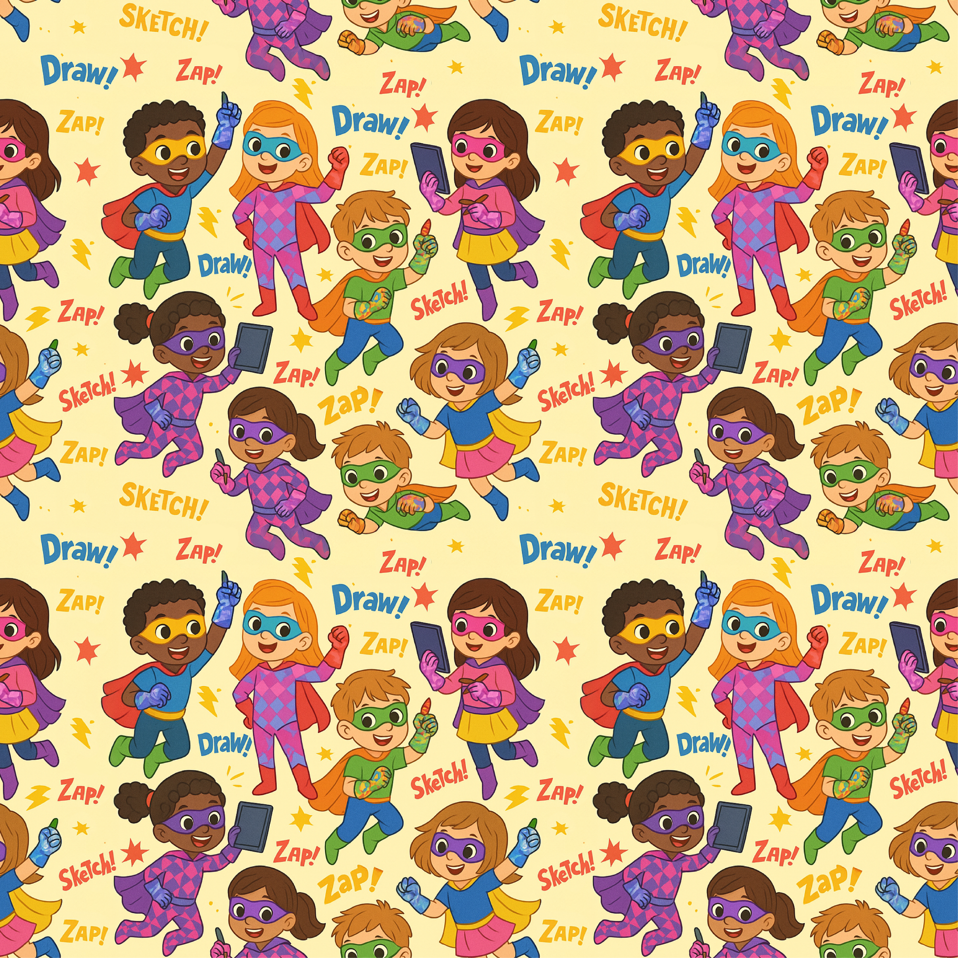 Pattern of superhero children with colorful costumes and masks on a yellow background.
