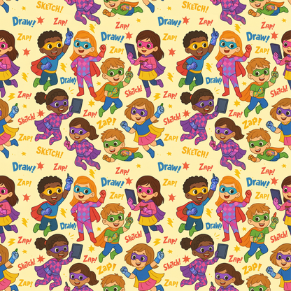 Pattern of superhero children with colorful costumes and masks on a yellow background.