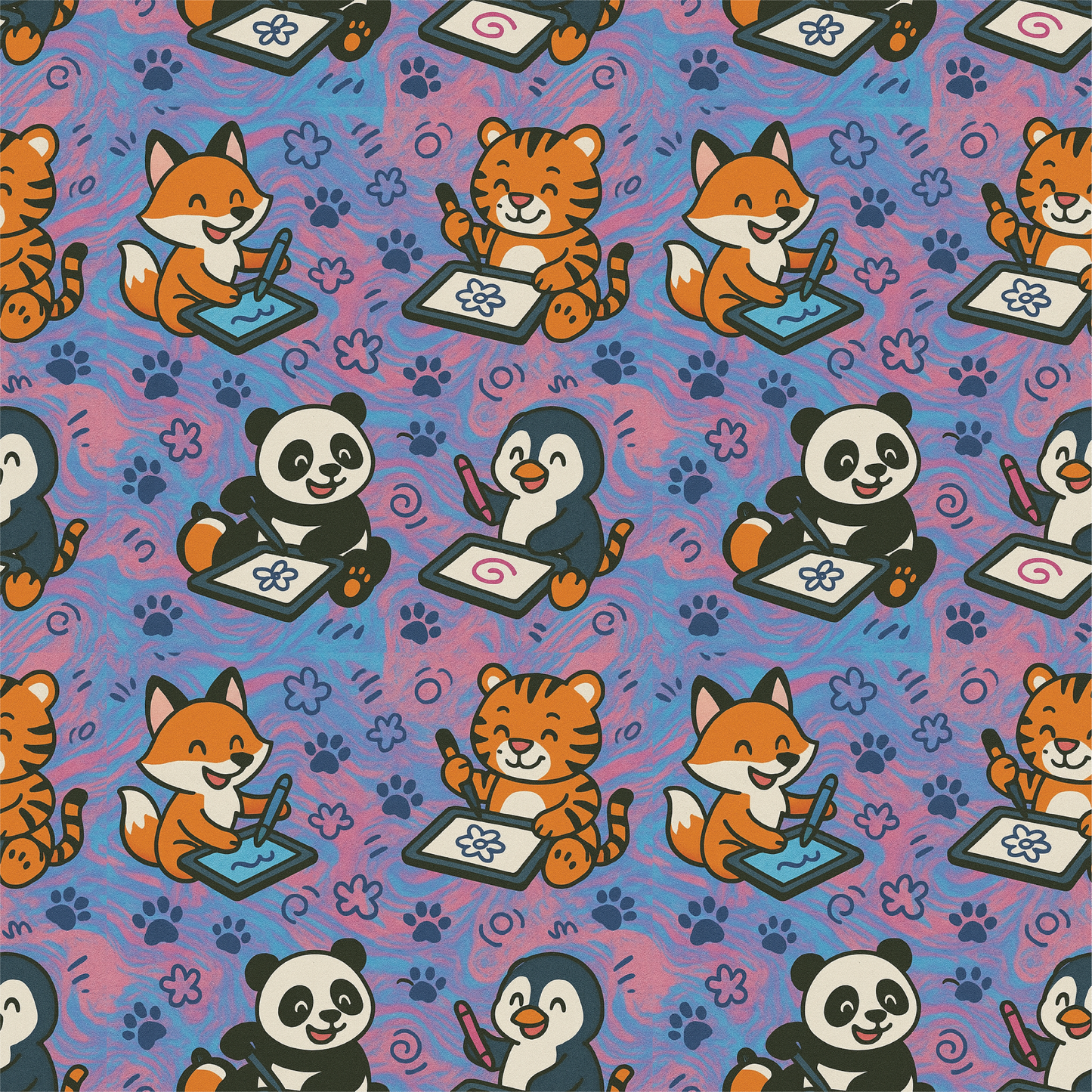 Pattern of cartoon animals like foxes, tigers, pandas, and penguins on a colorful background.
