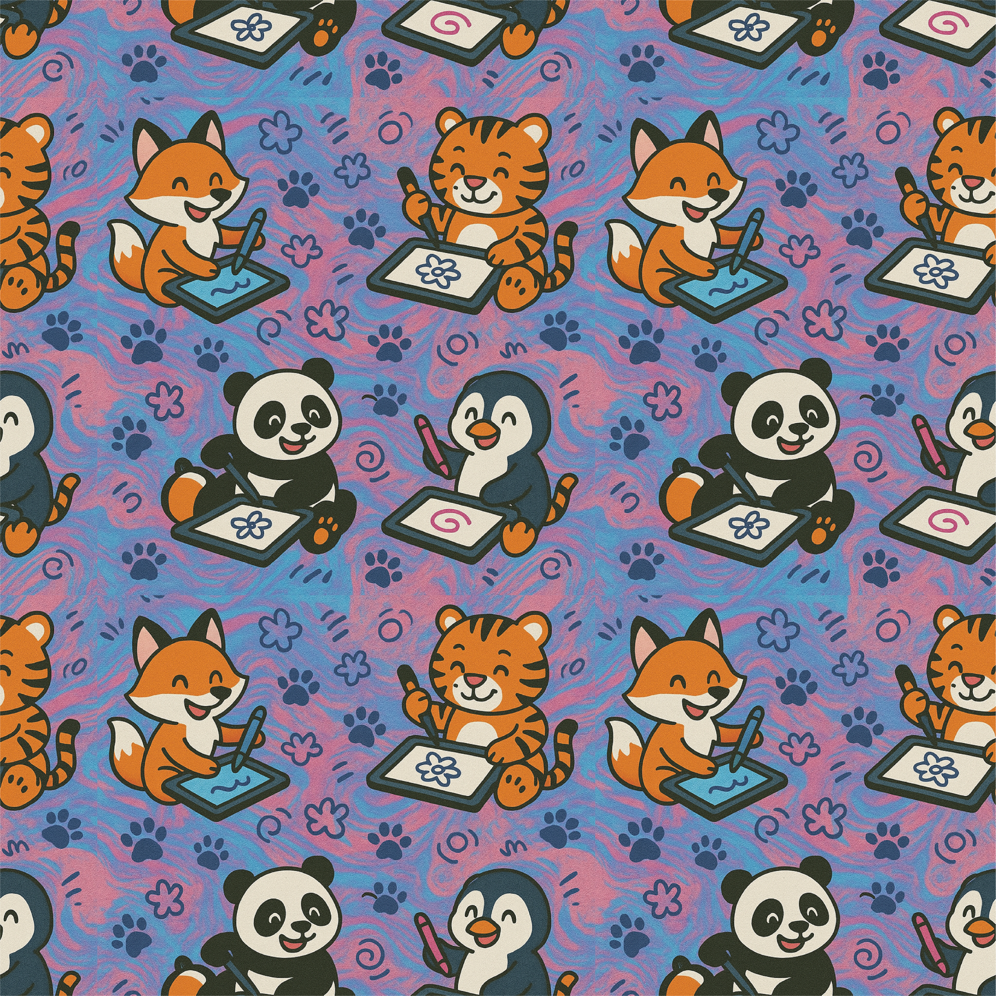 Pattern of cartoon animals like foxes, tigers, pandas, and penguins on a colorful background.