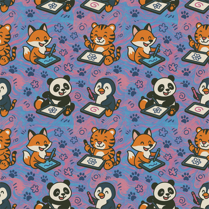 Pattern of cartoon animals like foxes, tigers, pandas, and penguins on a colorful background.